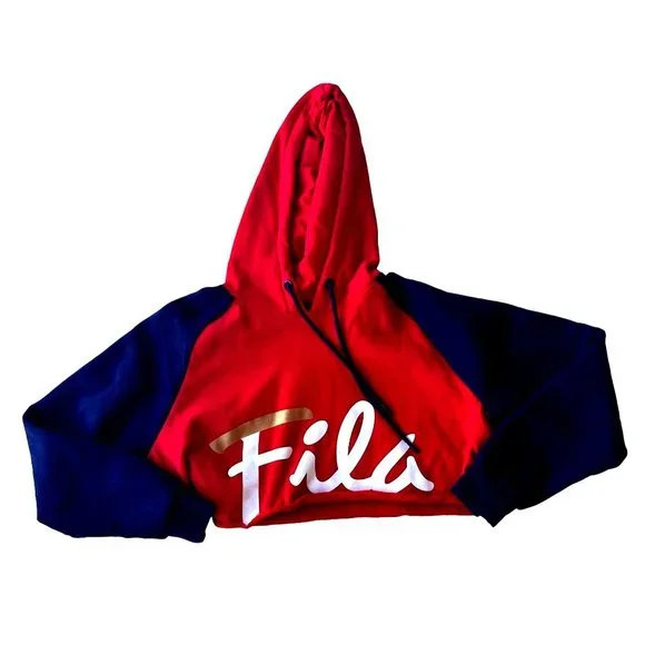 NWOT Fila Cropped Hoodie Large Red Navy Drawstring Logo Fleece Lined Swe… - Picture 7 of 12